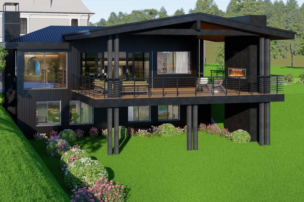 Lindor Residence: rear elevation with raised deck