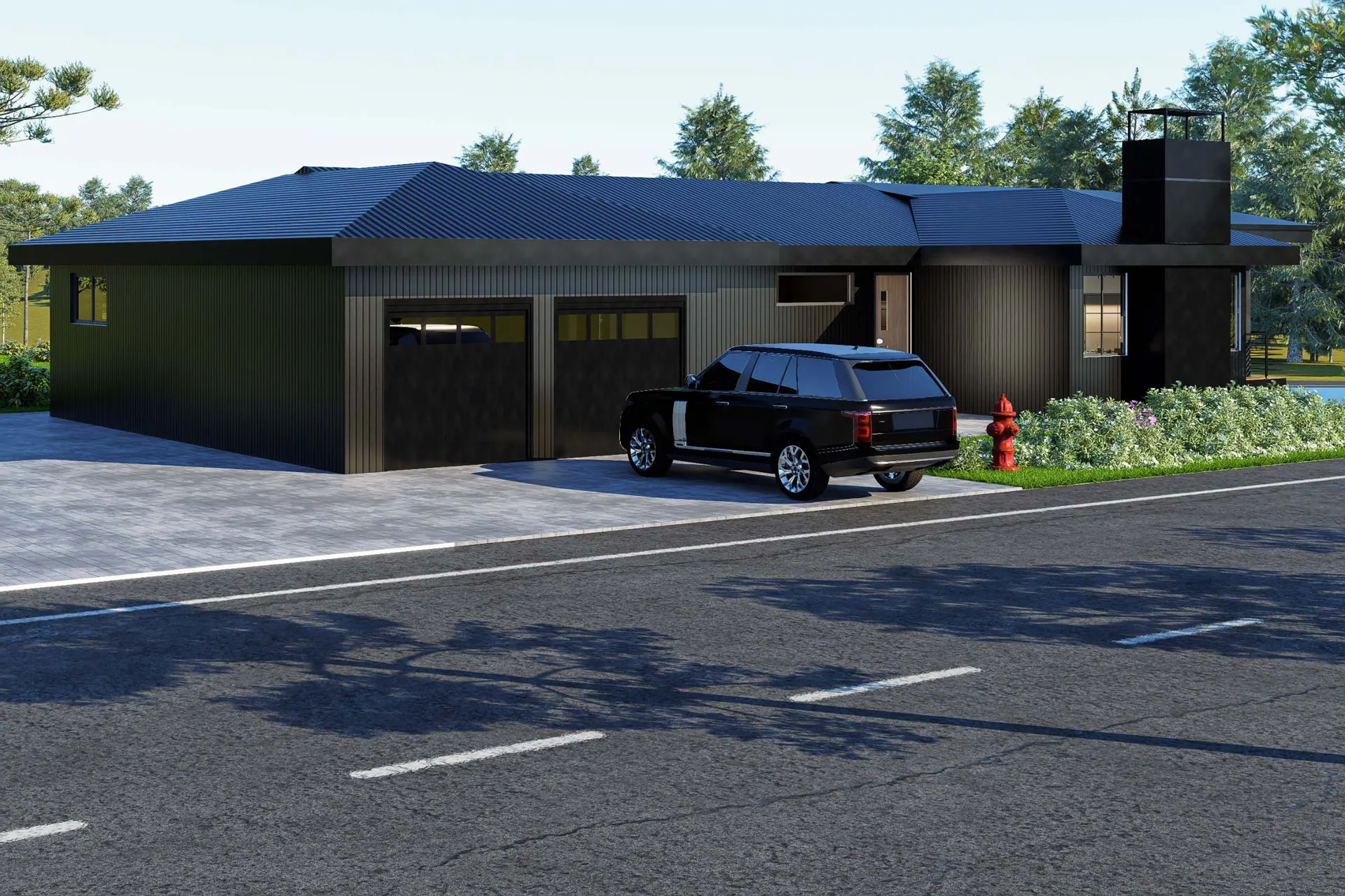 Lindor Residence: street approach and garage
