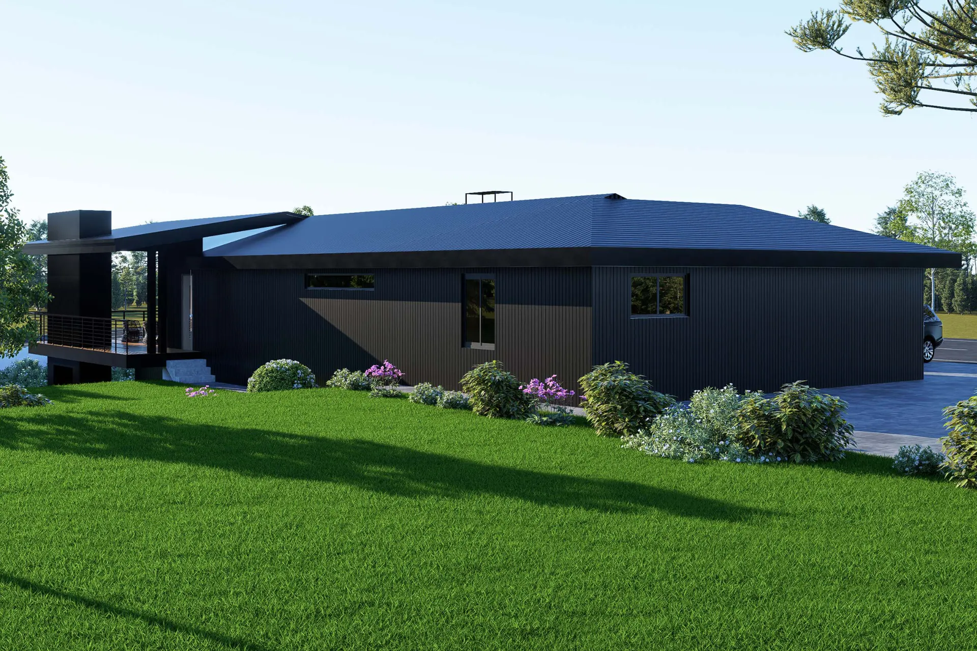 Lindor Residence: side elevation across the lawn