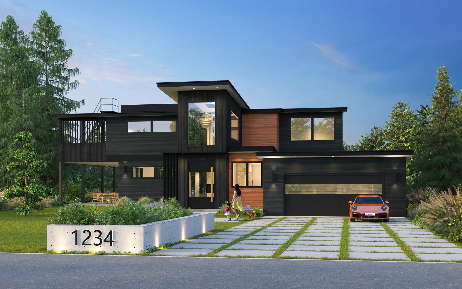 Onishi Residence: street elevation and entry walk