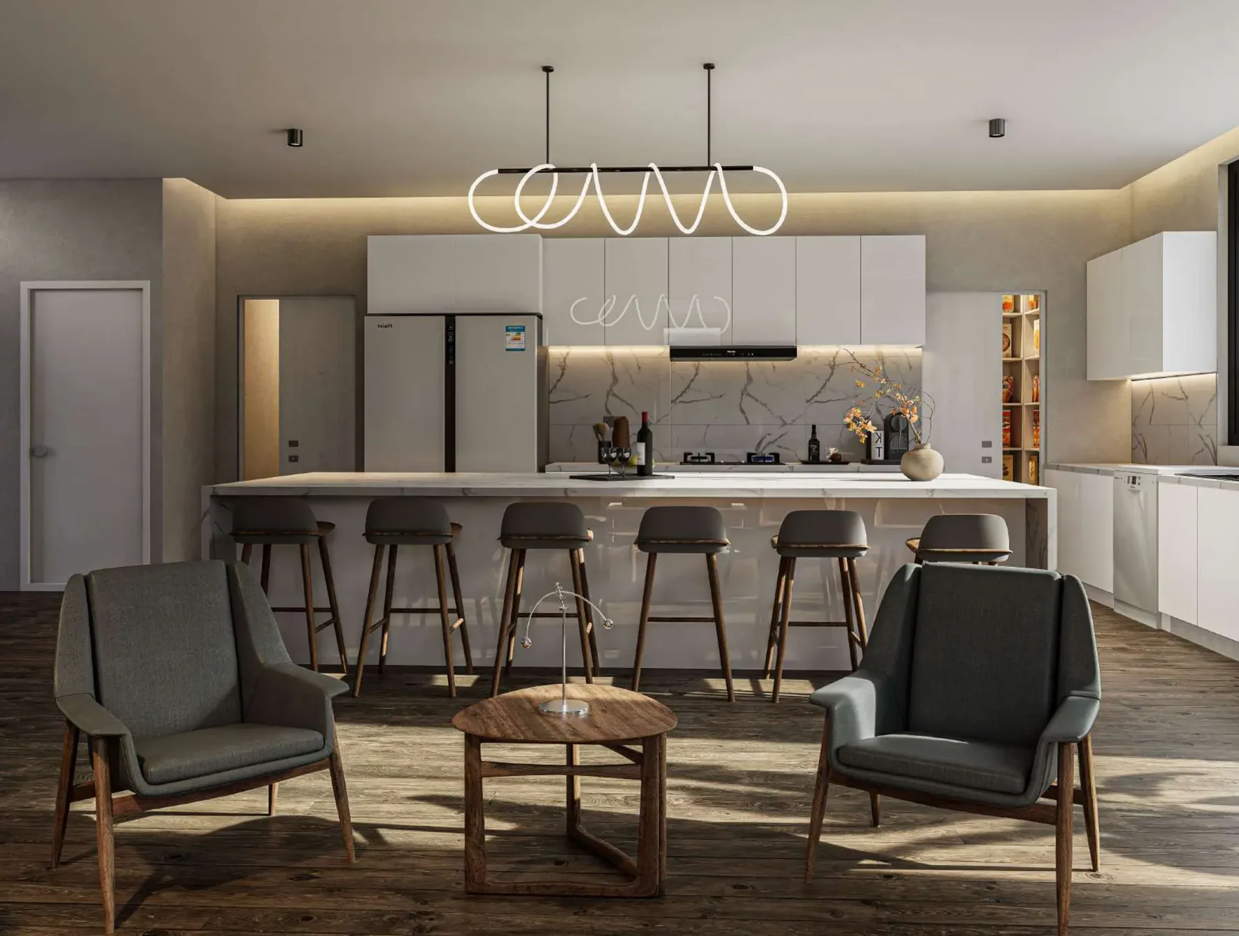Orchard Street Homes 4018 & 4022: kitchen and dining with island seating