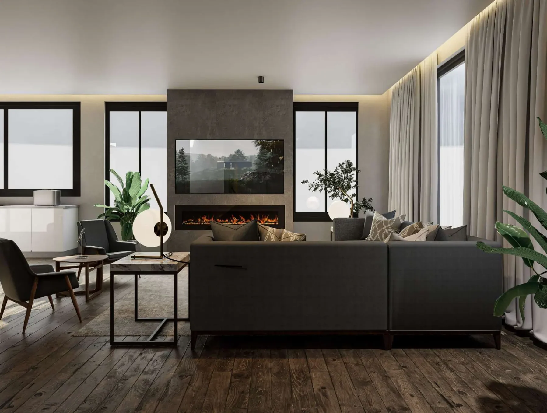 Orchard Street Homes 4018 & 4022: living room with fireplace wall