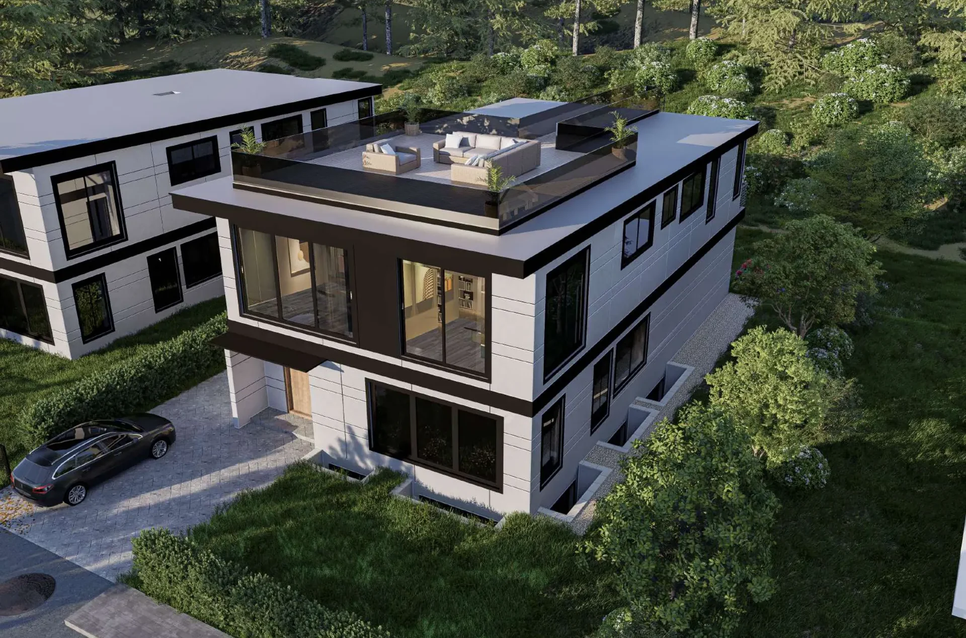 Orchard Street Homes 4018 & 4022: aerial view with roof deck