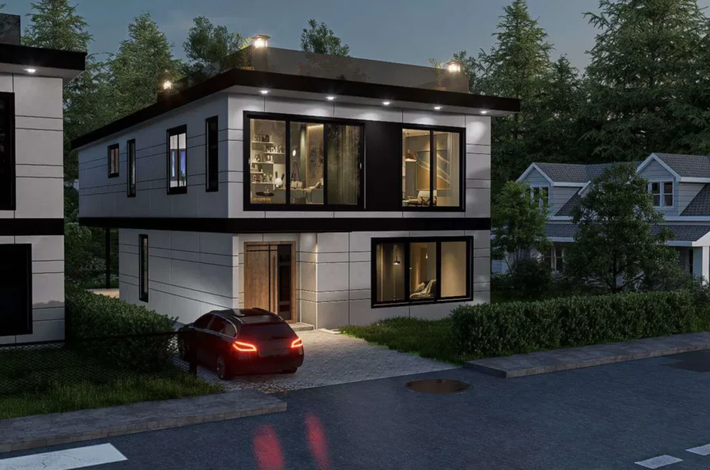 Orchard Street Homes 4018 & 4022: street corner at dusk