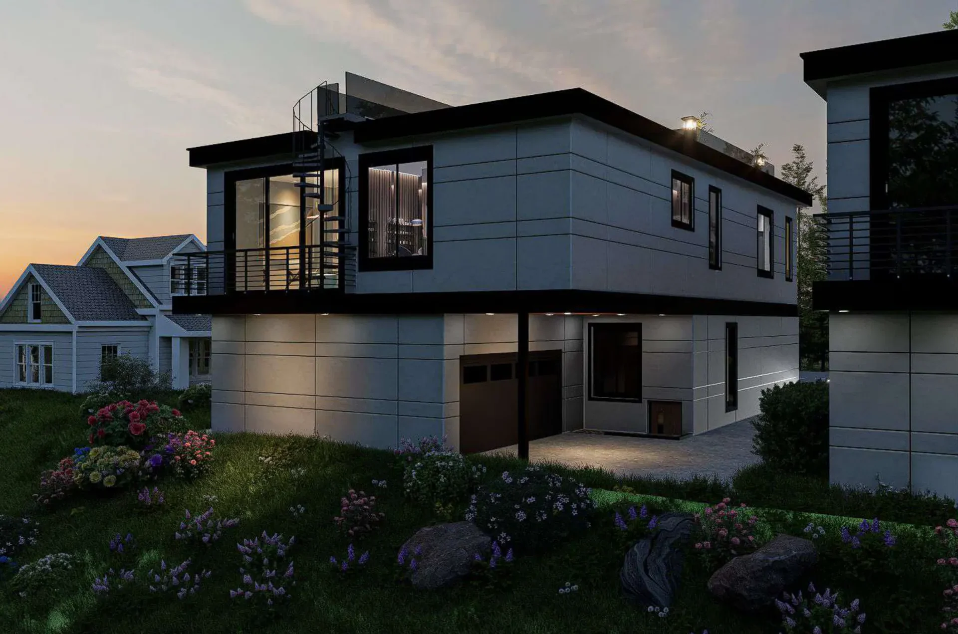 Orchard Street Homes 4018 & 4022: rear elevation at dusk