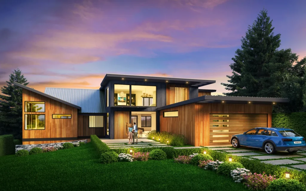 Renton Waterfront Home: street elevation at dusk
