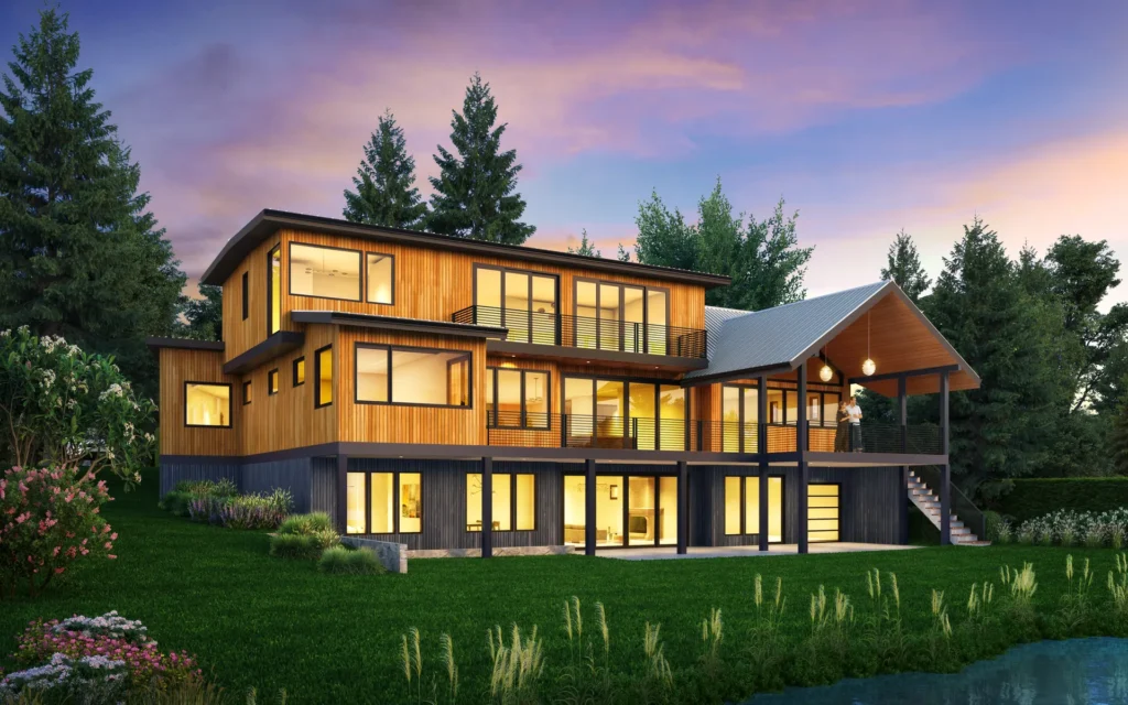 Renton Waterfront Home: water-side elevation at dusk