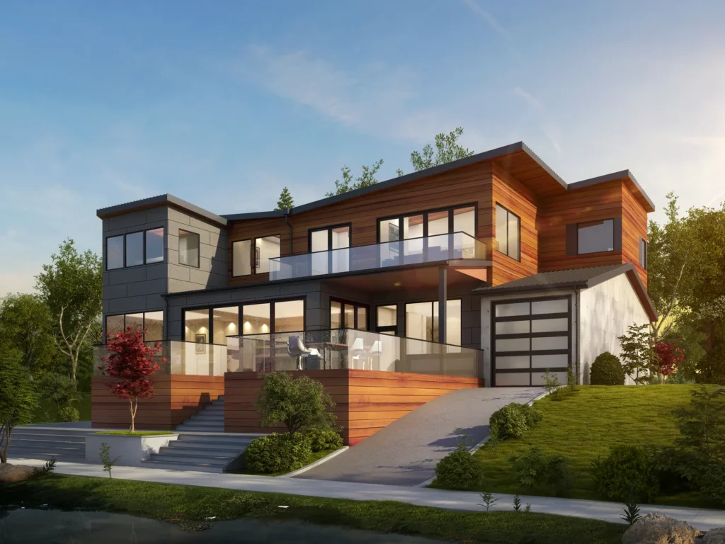 Sammamish Waterfront Remodel: street elevation with glazed stair tower